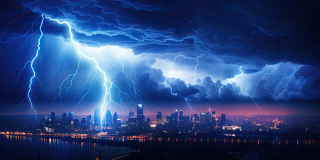 Lightning storm over city in blue lightの素材