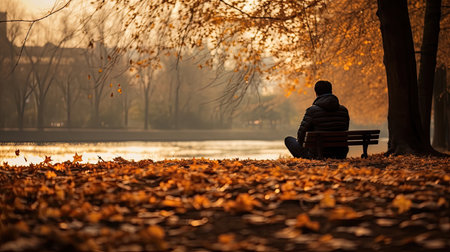 A lonely person sitting on the ground with autumn leaves in the park.の素材