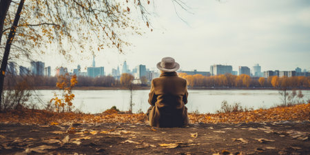 A lonely old woman sitting on the ground in autumn park and looking at the city.の素材