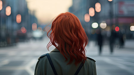Back view of anonymous female with red hair standing near crosswalk.の素材