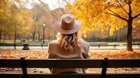 Back view of a young woman sitting on a bench in the park at autumnの素材