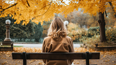 Back view of a young woman sitting on a bench in the park at autumnの素材