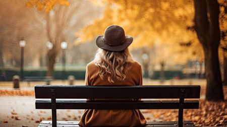 Back view of a young woman sitting on a bench in the park at autumnの素材