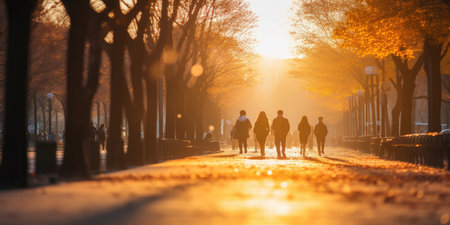 Blurred street people in Korea perspective people walking in late afternoon with long shadow walkway in the park defocused image use for backgroundの素材