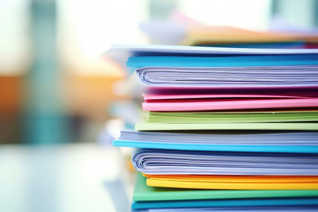 Stack of Group report papers Document clipped in color clips, business, and education conceptの素材