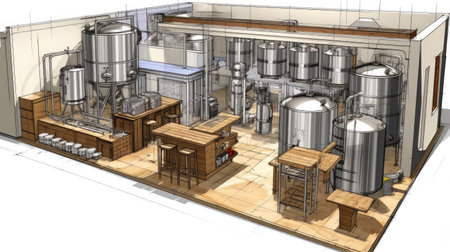 Designing a home brewery with an area requires careful planning to make the most of the space while ensuring safety, functionality, and aesthetics. Here's a basic layout for a home breweryの素材