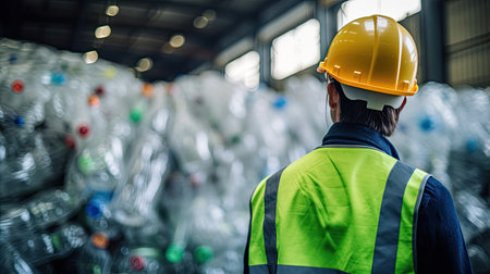 Engineer Standing and looking back The plastic bottle in the recycling industryの素材