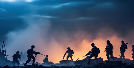 Battle scene. Military silhouettes fighting scene on war fog sky background. Plastic toy soldiers with guns take prisoner the enemy soldiers.の素材