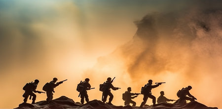 Battle scene. Military silhouettes fighting scene on war fog sky background. Plastic toy soldiers with guns take prisoner the enemy soldiers.の素材