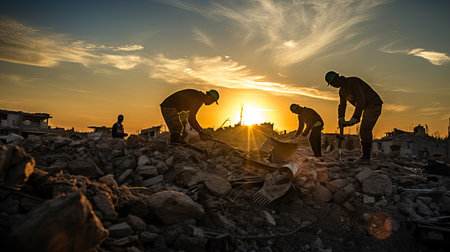Workers cleaning up rubble of a city or town devastated by warの素材