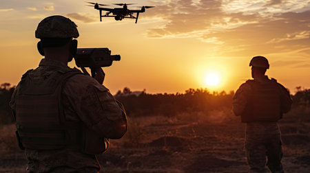 Soldiers use a drone, quadrocopter for reconnaissance during a military operation against the background of a sunset.の素材