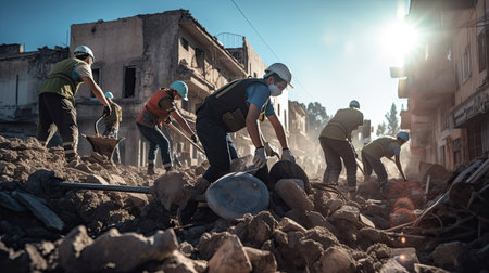 Workers cleaning up rubble of a city or town devastated by warの素材