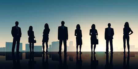 Silhouettes of business people standing, men and women full length in formal office outfits black monochrome illustration isolated background.の素材