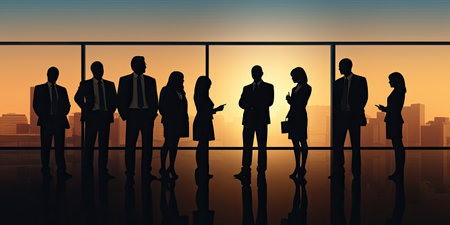 Silhouettes of business people standing, men and women full length in formal office outfits black monochrome illustration isolated background.の素材