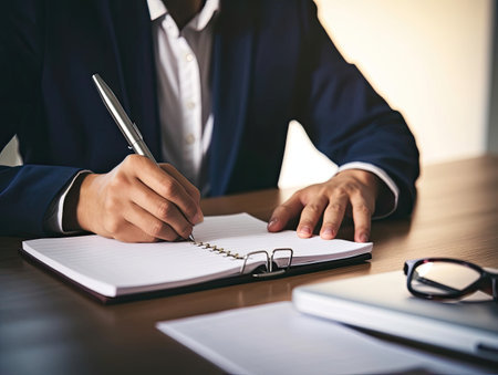 Close up businessman writing in notebook, planning workday, meetings, entrepreneur managing time, sitting at tableの素材
