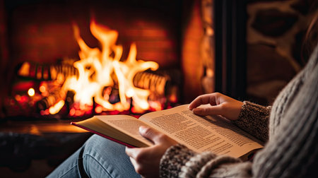 Hands of woman reading book at fireplaceの素材