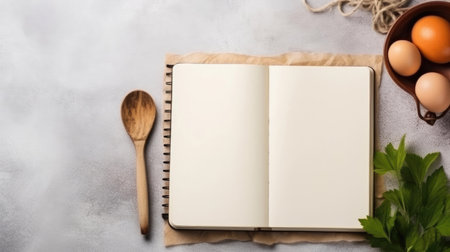 Blank vintage recipe cooking book and utensils. Top view with copy spaceの素材