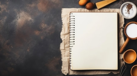 Blank vintage recipe cooking book and utensils. Top view with copy spaceの素材