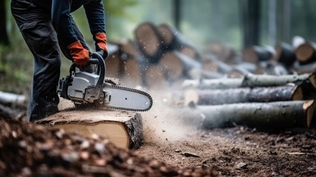 Worker using chainsaw for cutting the wood. Deforestation, forest cutting concept.の素材