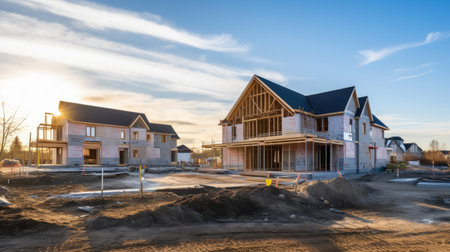 Construction residential new house in progress at building site housing estate developmentの素材