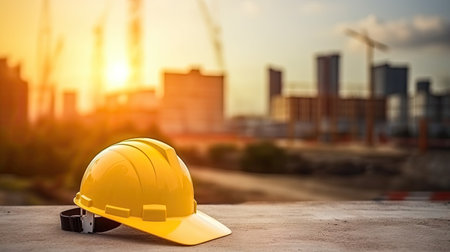 Helmet in construction site and construction site worker background safety first conceptの素材