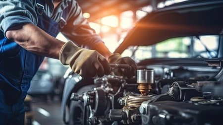 Auto mechanic repairman using a socket wrench working auto suspension repair in the garage, changing spare parts, checking the mileage of the car, checking and maintaining service concept.の素材