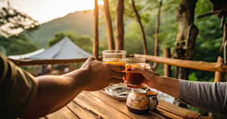 Asian Couple hand toasting coffee cup while having breakfast and drinking coffee together in the morning. Man and woman enjoy outdoor lifestyle camping in forest mountain on summer travel vacationの素材
