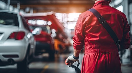 The mechanic shows the car checking list for the customer. Auto car repair service center. Professional service.の素材