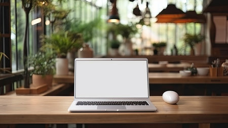 Laptop with blank screen on table.の素材
