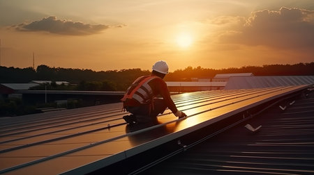 Technology solar cell, Engineer service check installation solar cell on the roof of factory on the morning. Silhouette technician inspection and repair solar cell on the roof of factory.の素材