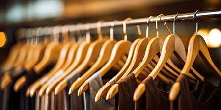 Wooden hangers in a row with light clothing in the store. Hangers hanging on a metal tubeの素材