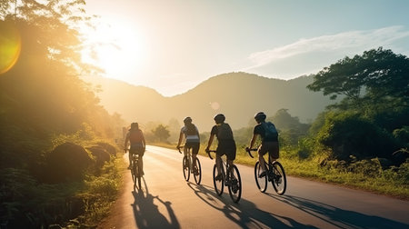Group of Asian cyclists, they cycle through rural and forest roads in the morningの素材