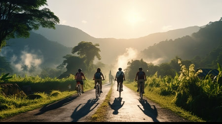 Group of Asian cyclists, they cycle through rural and forest roads in the morningの素材