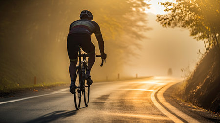Men cycling road bike in the morningの素材
