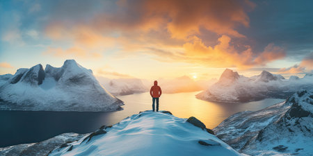 Panorama of Mountaineer standing on top of snowy mountain range at Senja, Norwayの素材