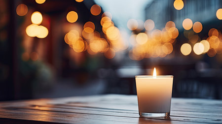Lit up candle at an outdoor table of a restaurant in winter, cosy atmosphere, selective focus, bokeh.の素材