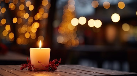 Lit up candle at an outdoor table of a restaurant in winter, cosy atmosphere, selective focus, bokeh.の素材