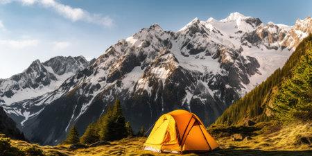 Panorama of Steep Peak mountains with covered snow and yellow tent camping at twilight timeの素材