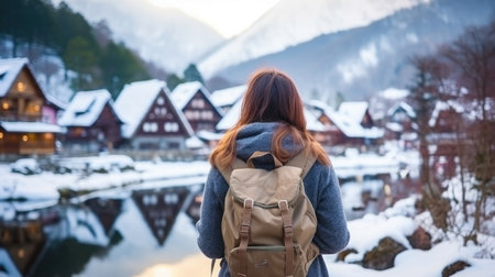 Young woman traveler looking at the beautiful UNESCO heritage village in the snow in winter at Shirakawa-go, Japan in twilight timeの素材