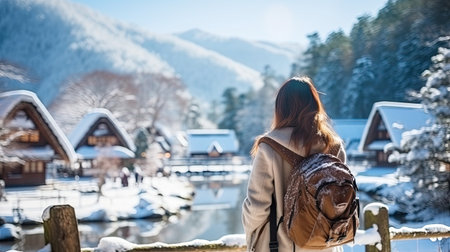 Young woman traveler looking at the beautiful UNESCO heritage village in the snow in winter at Shirakawa-go, Japan in twilight timeの素材