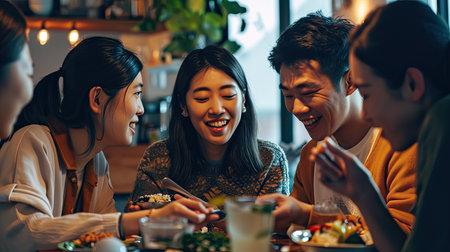 Asian friends together at home have dinnerの素材