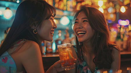 Asian beautiful women having fun, meeting each other in a bar restaurant. Attractive young girlfriends feeling happy and relaxed having a party, drinking alcohol celebrating an event at a nightclub.の素材