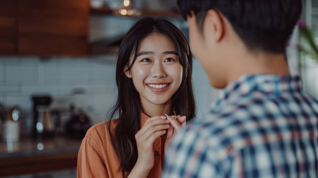Asian romantic man making surprise proposal of marriage to girlfriend. Attractive young male and proposing to beautiful happy woman, with wedding ring enjoying surprise engagement in kitchen at home.の素材