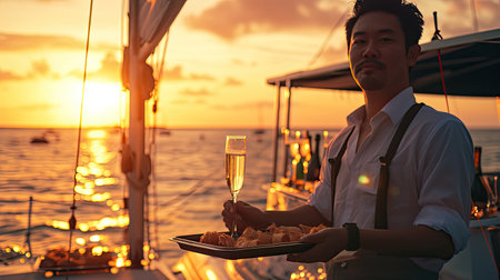 Asian man waiter holding champagne glass on the tray serving to group of passenger tourist travel on luxury catamaran boat yacht sailing in the ocean at summer sunset on beach holiday vacation trip.の素材