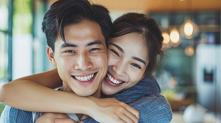 Attractive smiling Asian man hugging woman indoors in the office.の素材