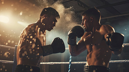 Boxer missing his opponent during a fight in a boxing ring. Two male boxers having a boxing match in a gym.の素材