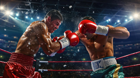Boxer use various punch combinations, including the jab, hook, uppercut, cross, swing, straight. Getting in close to make opponent on ropes and knockout. Boxing champions win the round in boxing ringの素材