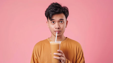 Cheerful asian man drink ice cocoa with straw thirsty refreshment looking camera on pink background. Portrait excited man holding ice beverage in cup plastic use straw drinking relax over isolatedの素材