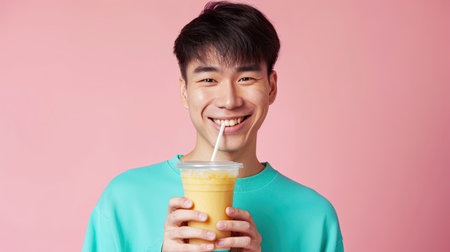 Cheerful asian man drink ice cocoa with straw thirsty refreshment looking camera on pink background. Portrait excited man holding ice beverage in cup plastic use straw drinking relax over isolatedの素材