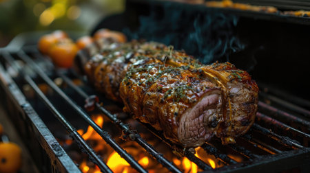 Dinner party, barbecue and roast pork at nightの素材